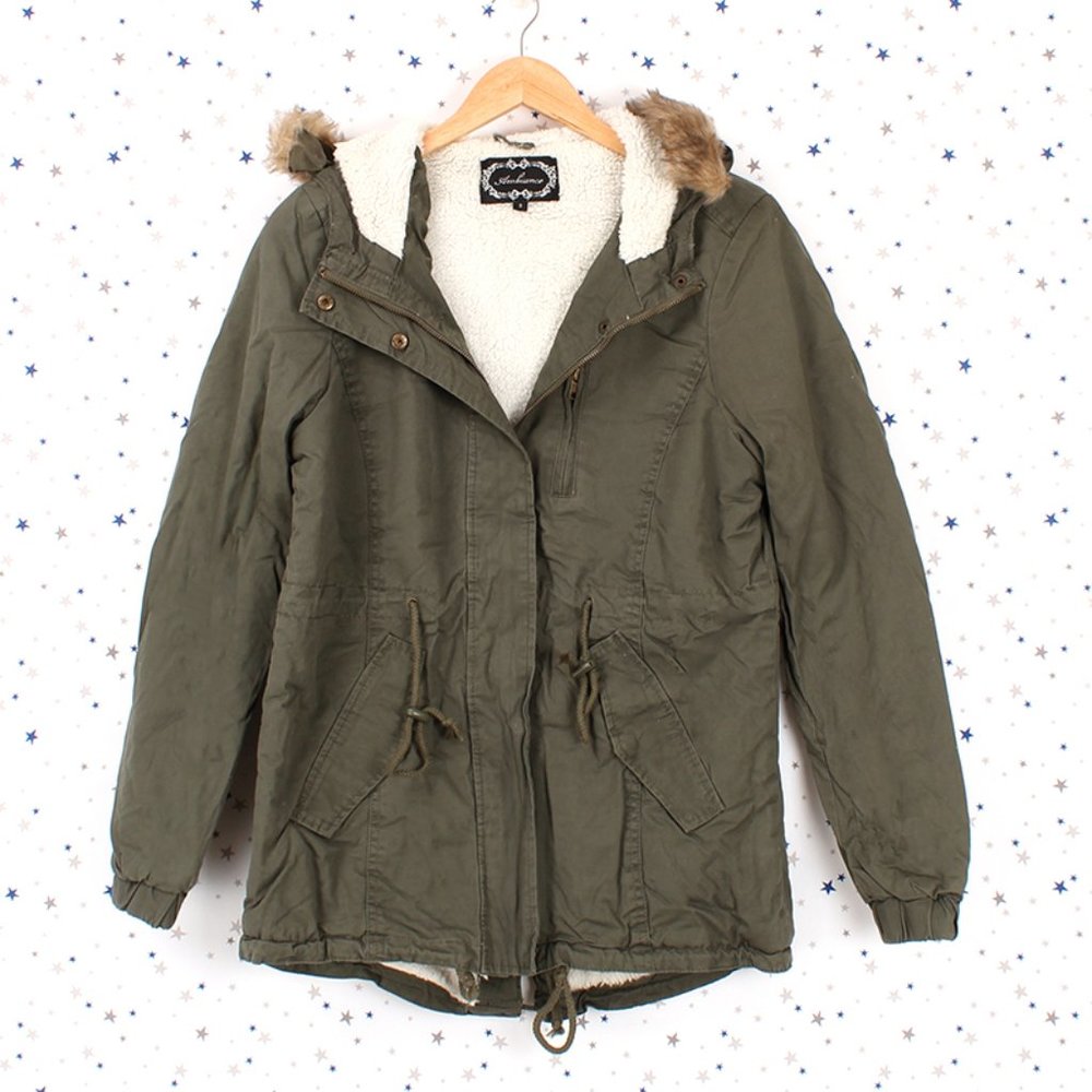 Olive Faux Fur Hooded Sherpa Lined Utility Jacket - Picture 2 of 16